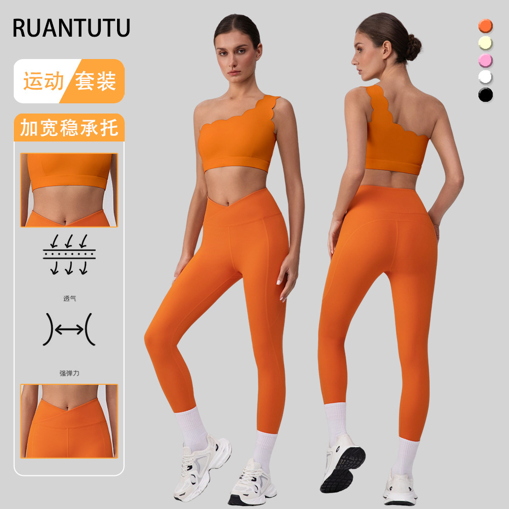Europa y América de vestir de yoga de cintura alta encaje bra de hombro único chaleco deportivo de hombro para mujeres pantalones de fitness de cintura alta para mujeres