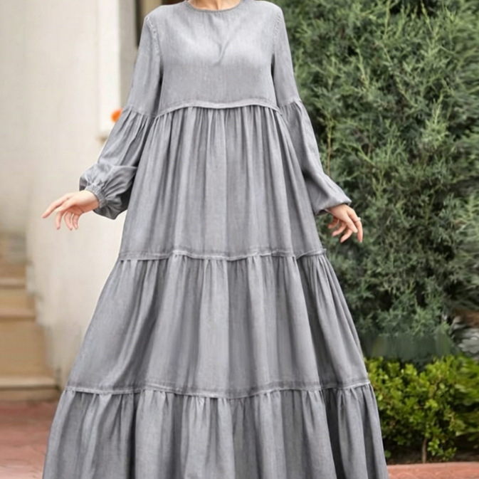 2026 Solid Color Plus-Size Women's Dress with Large Hem, Casual Artistic Retro Round Neck Mid-Length Cross-Border Style