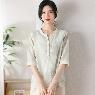 新款妈妈夏装五分袖冰丝国风T恤2024中年女装洋气中老年雪纺小衫