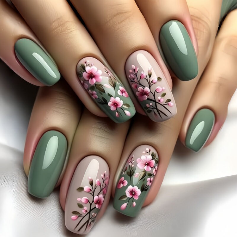 Green Manicure Patches, Medium-Length Plant Flower Pattern Manicure Patches, Removable 24-Piece Fake Nails