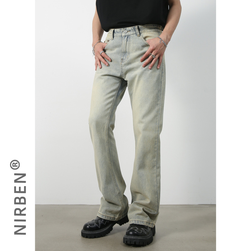 nirben denim | Four Seasons New Korean fashion straight tube micro horn solid color casual jeans men
