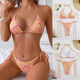 2025跨境比基尼两件套橘色游泳衣Bikini欧美外贸系带可调节高跨裤