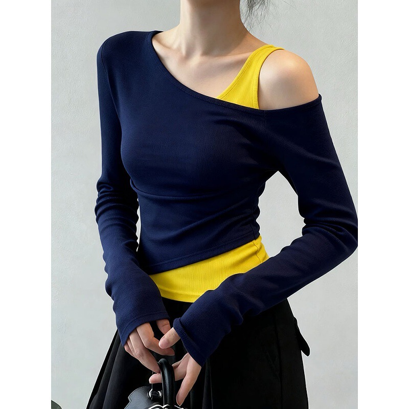 Navy Blue Fake Two-Piece T-Shirt for Women 2025 New Autumn Style, Beautiful Design, Unique and Beautiful Elegant Pinch Waist Top