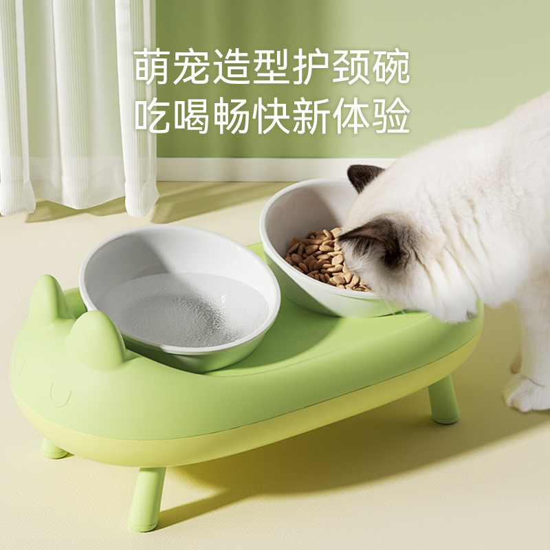 Cat Bowl Ceramic Double Bowl Neck Protection Cat Food Bowl Cat Food Anti-knock over Tall Stainless Steel Bowl Slant Mouth Pet Drinking Bowl Rice Bowl
