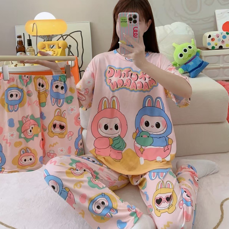 Pijamas de verano transfronterizos pijamas de leche de seda de tres piezas set de dibujos animados comercio exterior ropa para el hogar pantalones de mangas cortas lindos