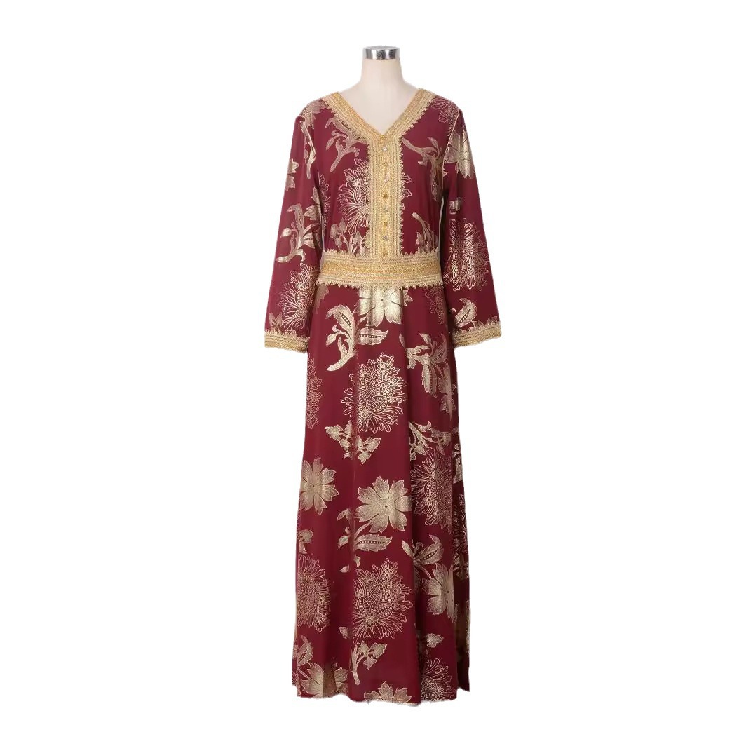 MT166 Cross-border Women's Fashion Long Sleeve V-neck Dress, Popular In Middle East, Arabia, Dubai, Muslim Robe_ecoleips.com