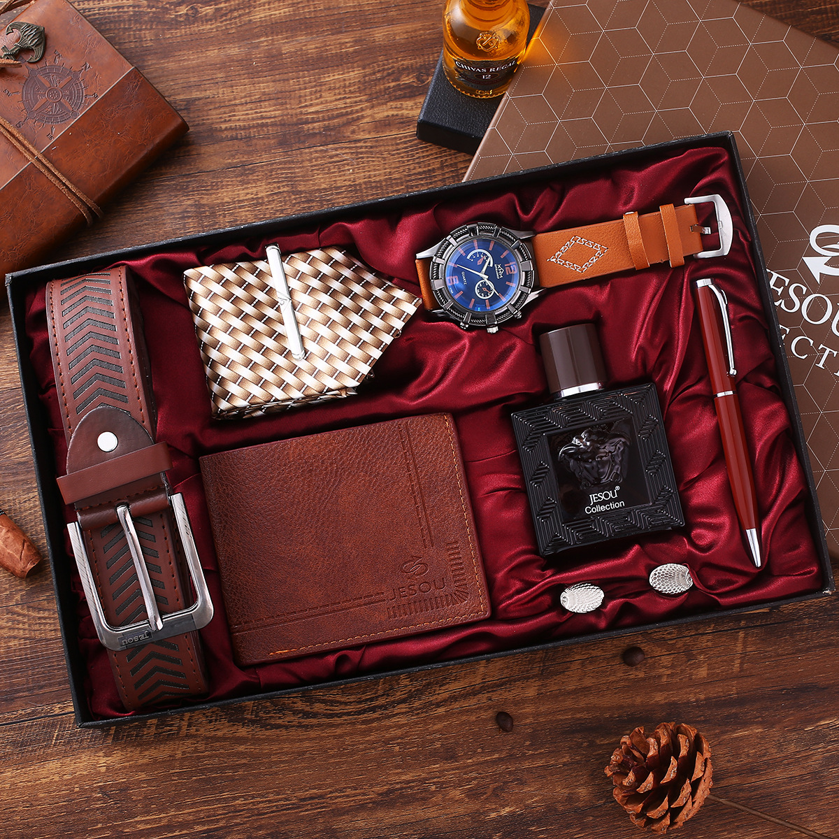 Men's watch gift set, wallet, belt, perfume, quartz watch set wholesale 6-piece set