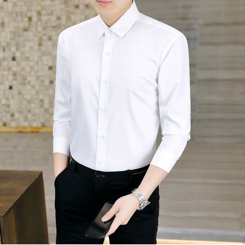 Новая однотонная деловая рубашка из бамбукового волокна с длинными рукавами, мужская белая рубашка, тонкая профессиональная рубашка, бесшовная однотонная белая рубашка
