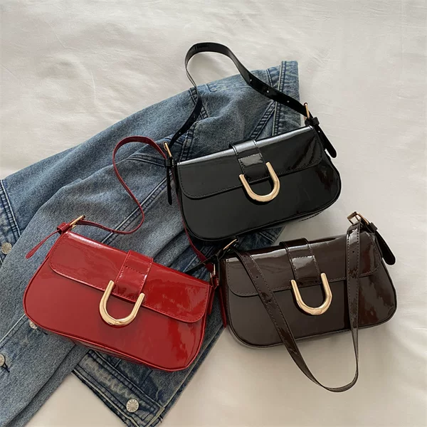 Patent Leather Bag for Women 2026 Cross-Border Spring and Summer Retro Horseshoe Buckle Fashion Handbag Underarm Bag Single Shoulder Crossbody Bag Wholesale