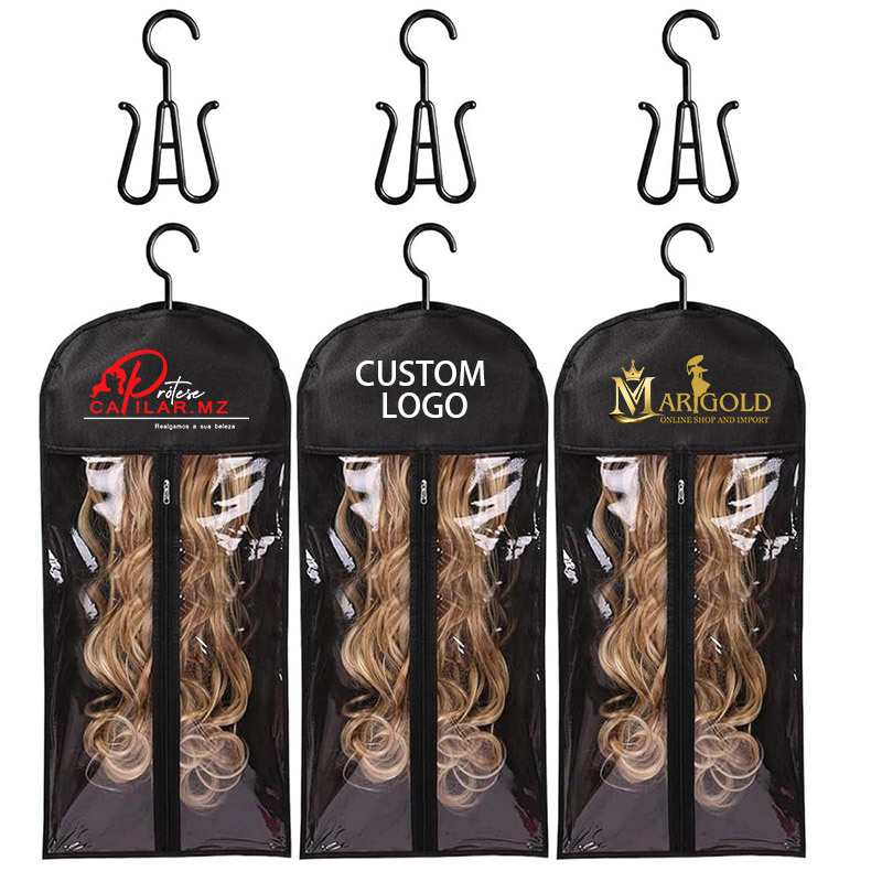 Bolsa de almacenamiento de peluca puede personalizar logotipo polvo zipper bolsa de tela no tejida transparente a prueba de polvo y humedad
