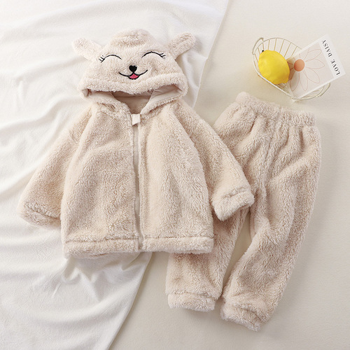 Children's Autumn and Winter New Fleece Hooded Pajama Set for Boys and Girls, Cute Plush Sweatshirt and Pajamas for Toddlers