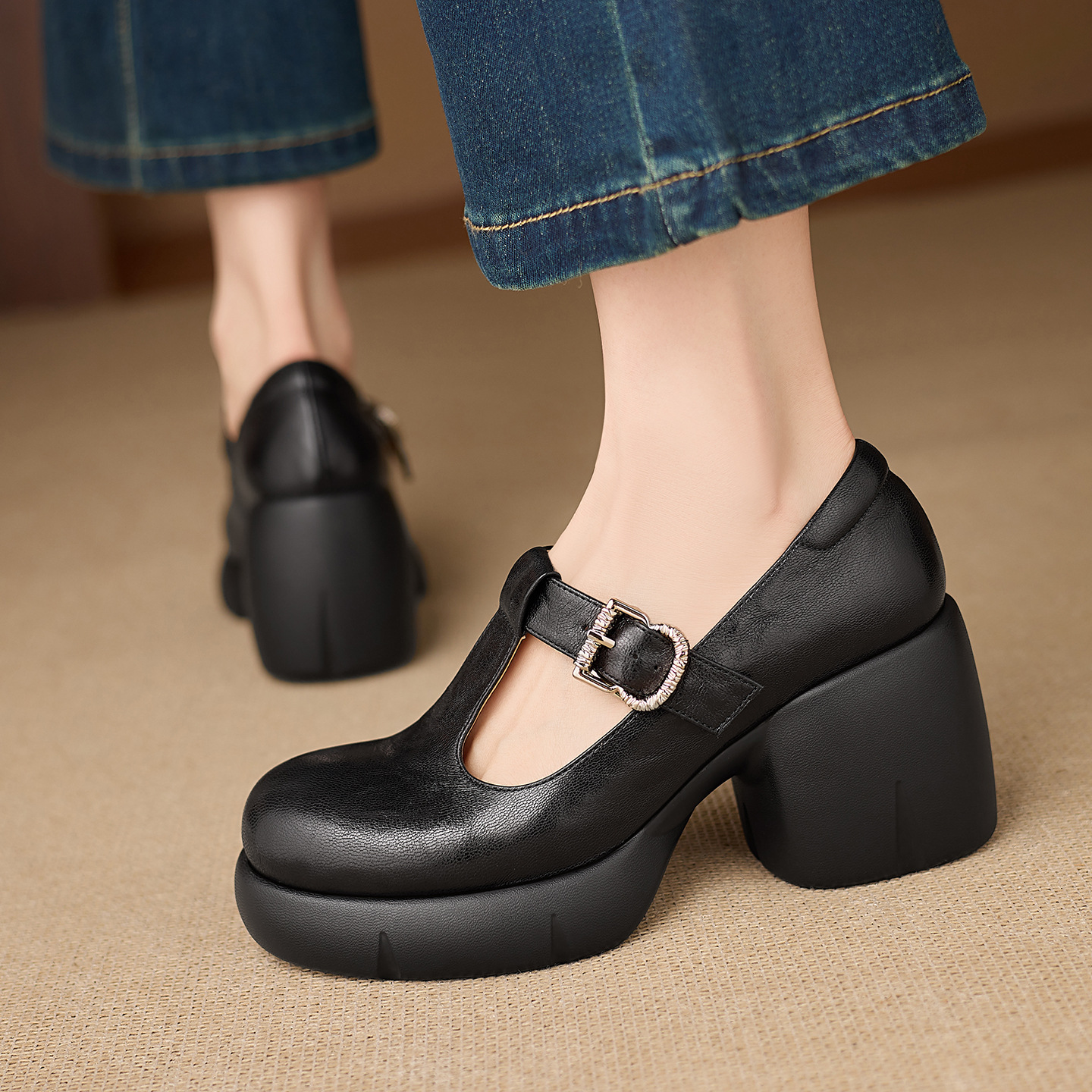Giày Mary Jane nữ da cừu cao cấp gót vuông 8 cm quai ngang khóa chữ T — màu đen