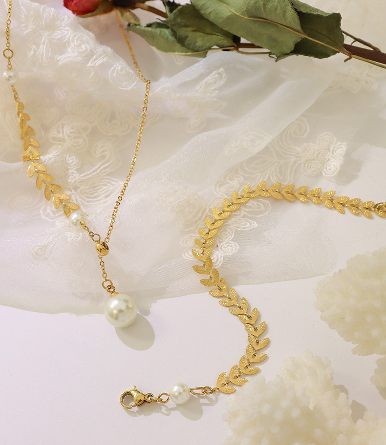 fashion retro titanium steel wheat pearl necklace bracelet