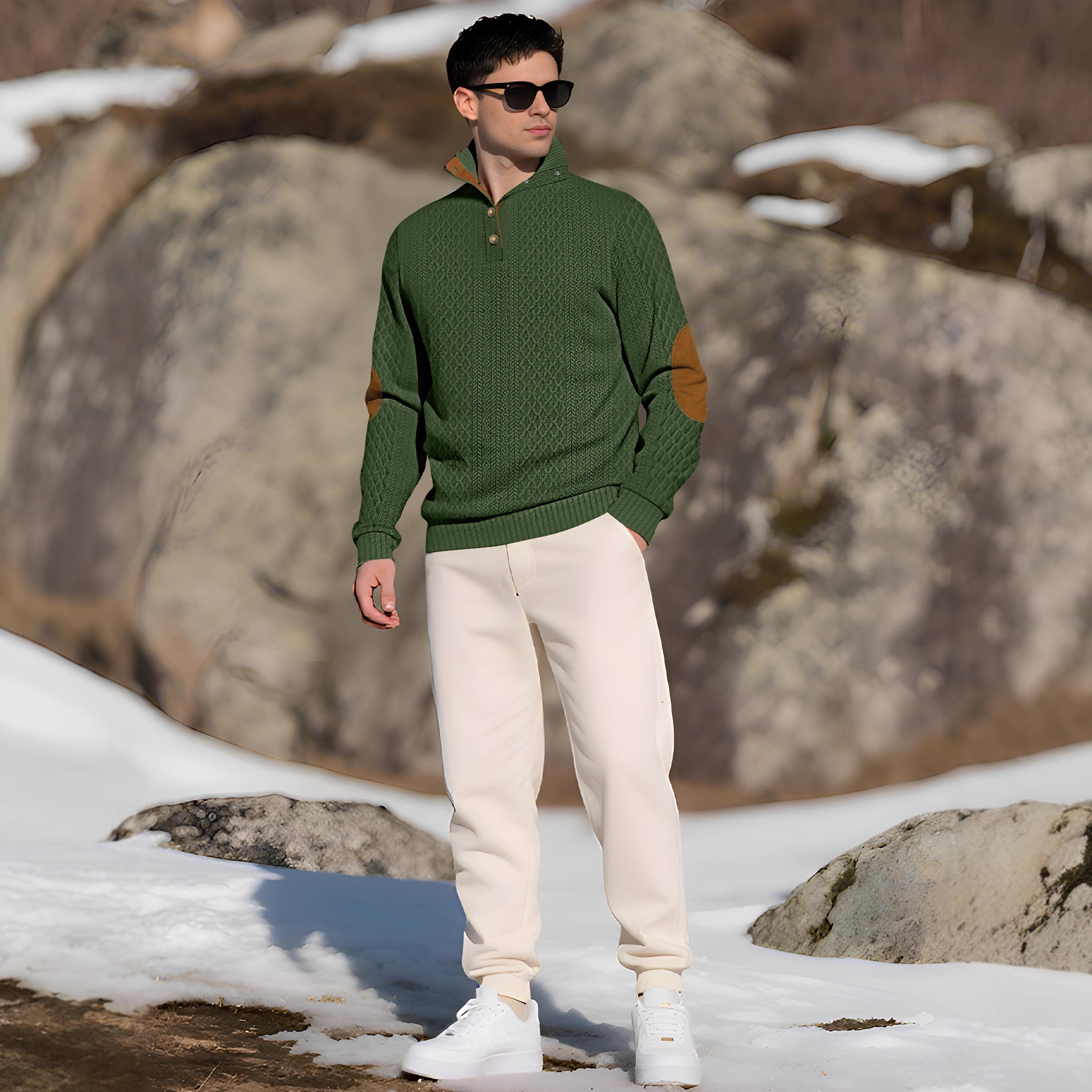 Nueva ropa de hombre para primavera y otoño, talla europea, suéter de punto jacquard de manga larga con cuello alto, informal, deportivo, para exteriores.