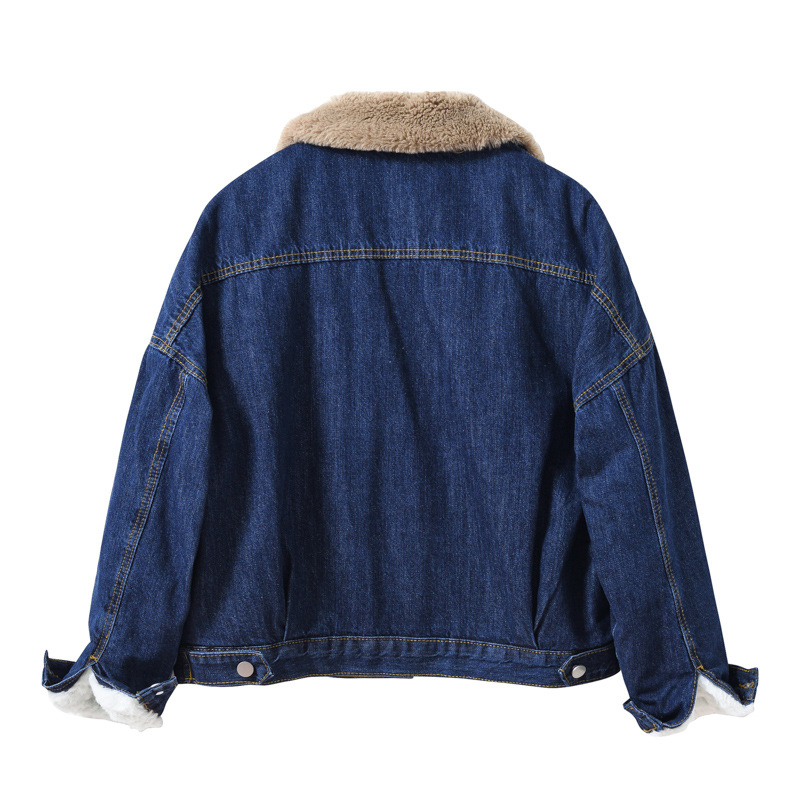 GraceChic Giacca in denim da donna, stile coreano, oversize, casual, spessa, ampia, con collo in pelliccia, foderata in pile, alla moda, con spalle cadenti, nuovo stile_voghion.com