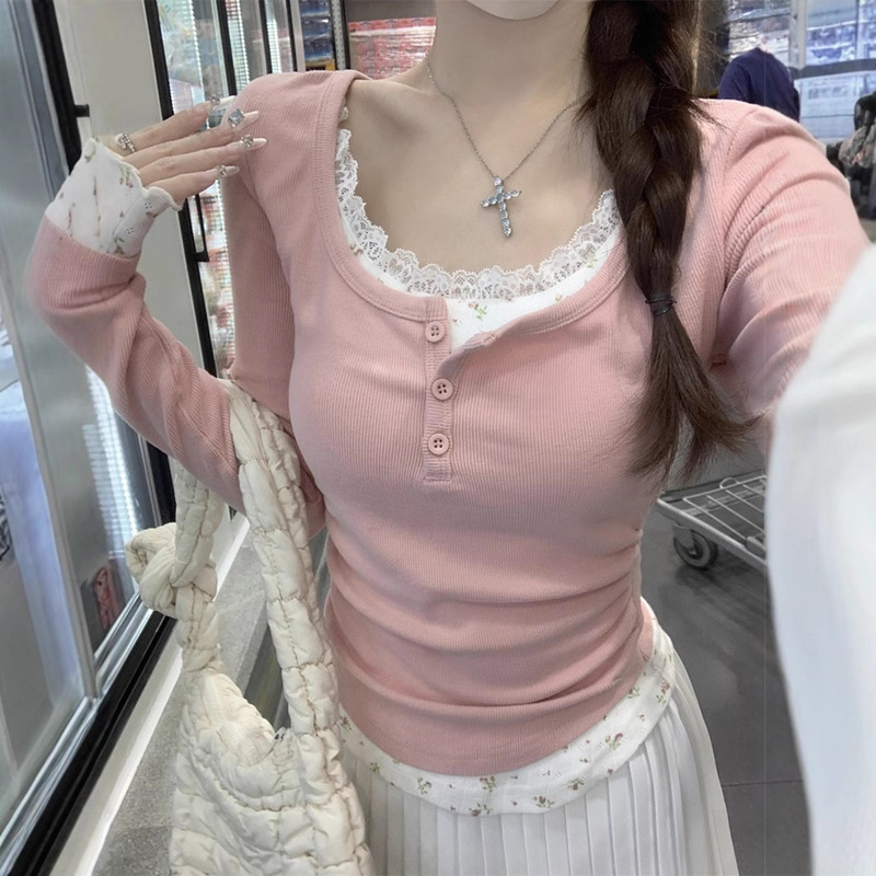 Korean Style Contrast Lace Floral Long-sleeved T-shirt Women's Autumn 2024 New Pure Age-reducing Button Inner Top