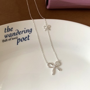 S925 Sterling Silver Bow Necklace Sweet Girl's Heart Ins Simple Niche High-end Clavicle Chain