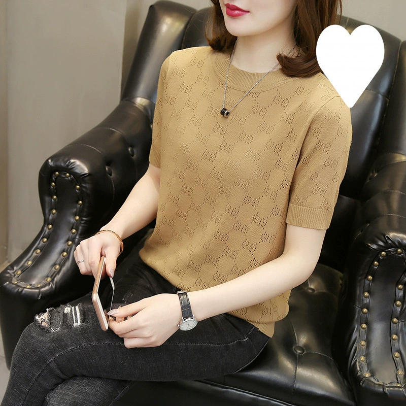 Летняя тонкая женская рубашка из ледяного шелка с короткими рукавами, свитер из полого ледяного шелка с круглым вырезом, свободный утягивающий топ