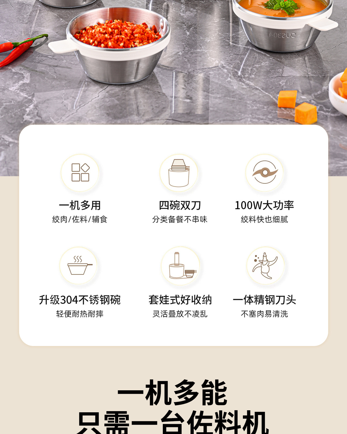 304不锈钢绞肉机家用多功能辅食料理机小型电动蒜泥器佐料搅拌机