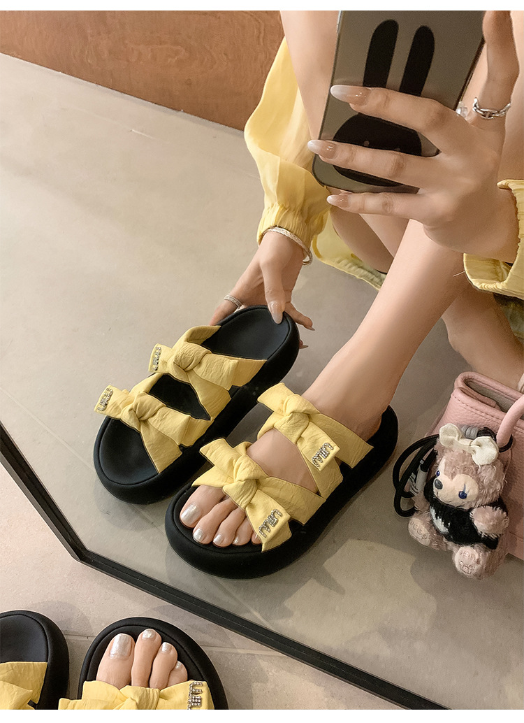 Dép sandal nữ quai chữ V đế dày nơ bướm phong cách bánh mì mềm mại — Màu trắng be, Màu vàng chi tiết 10