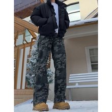 美式复古加绒裤子高街直筒工装迷彩裤男款春夏ootd穿搭弯刀牛仔裤