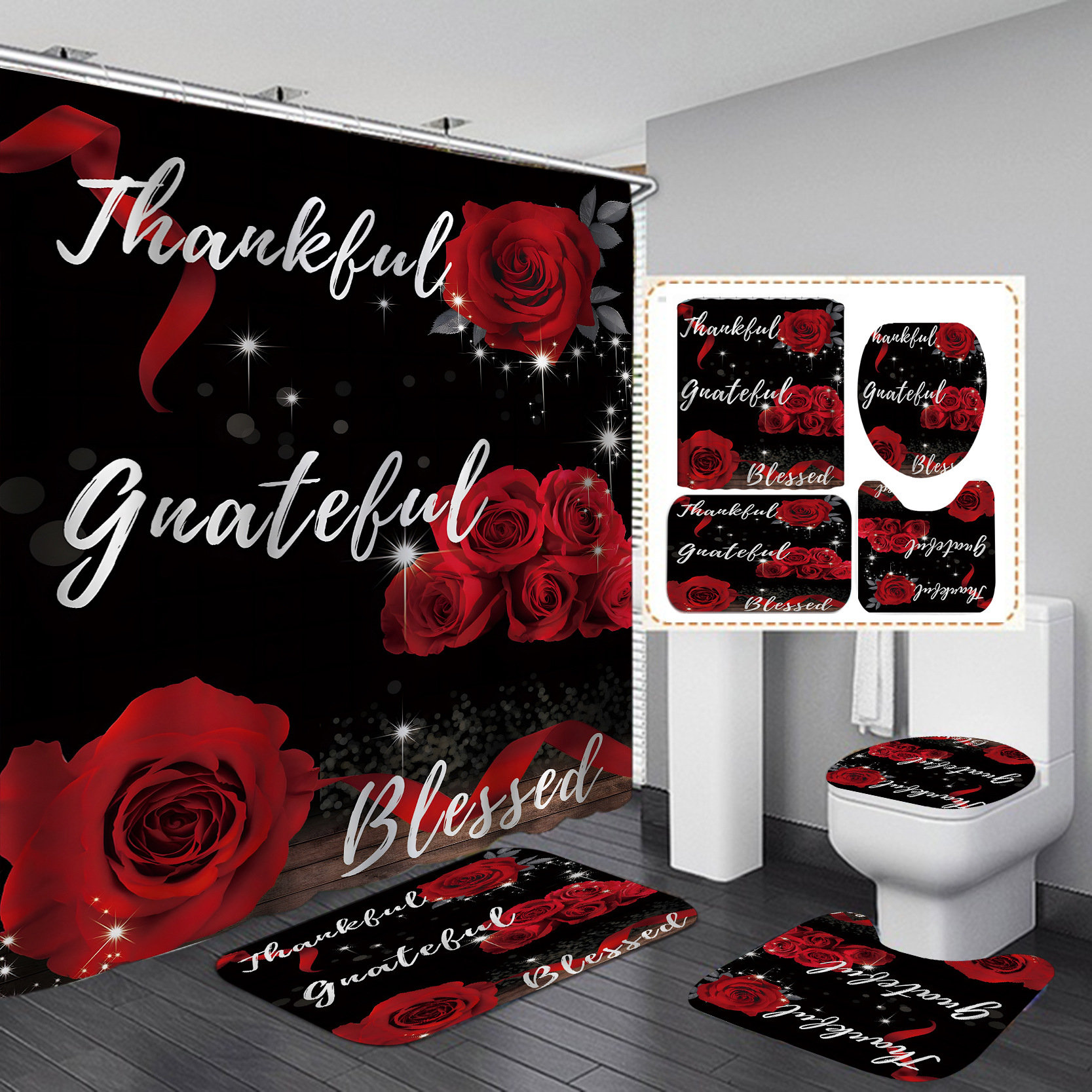 Rose negra cortina de baño de día de San Valentín impermeable a prueba de agua de acero de sombra cortina de baño plegable impermeable de secado rápido decoración romántica