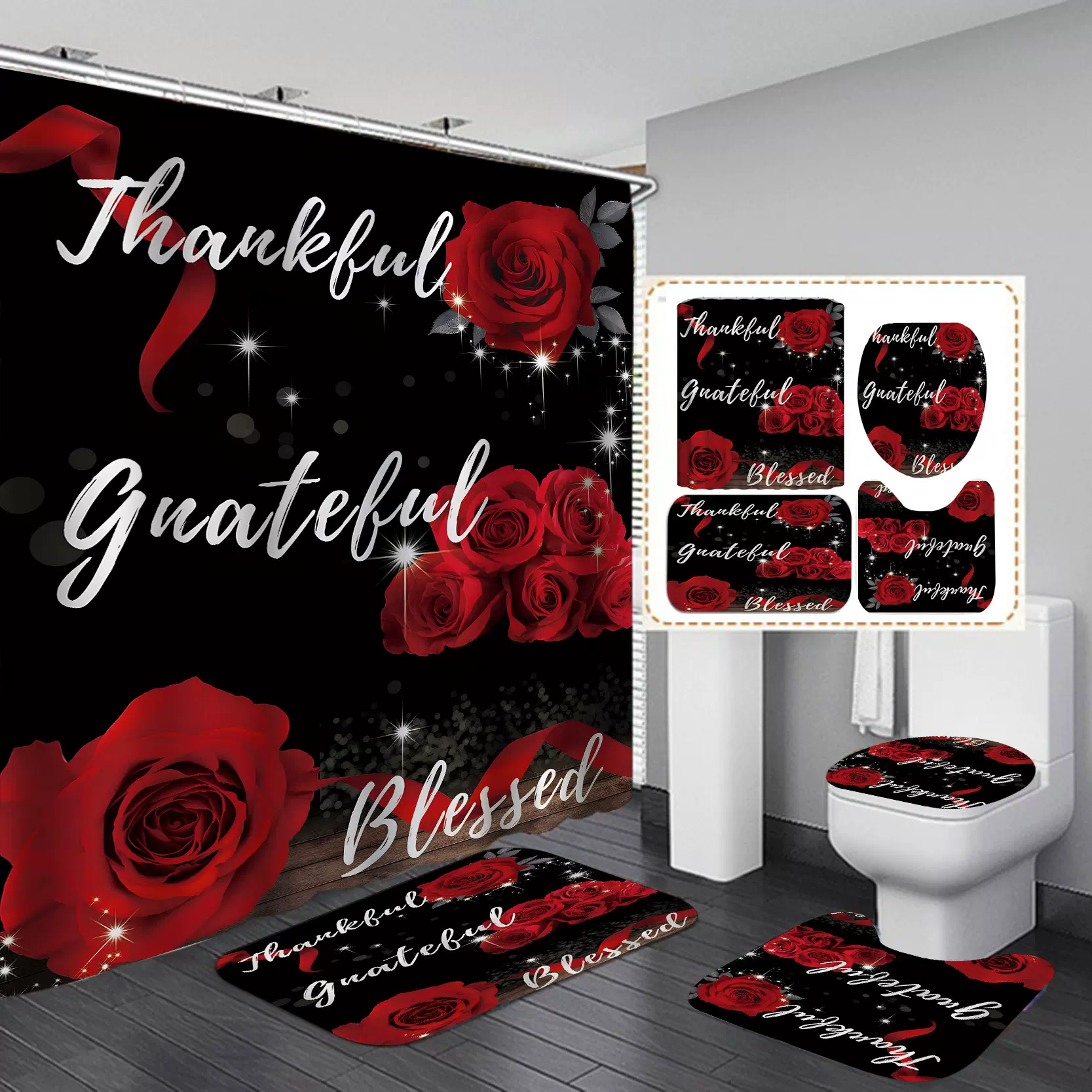 黑色玫瑰情人节浴帘防水防霉帘遮光折叠浴帘防水速干卫浴浪漫装饰