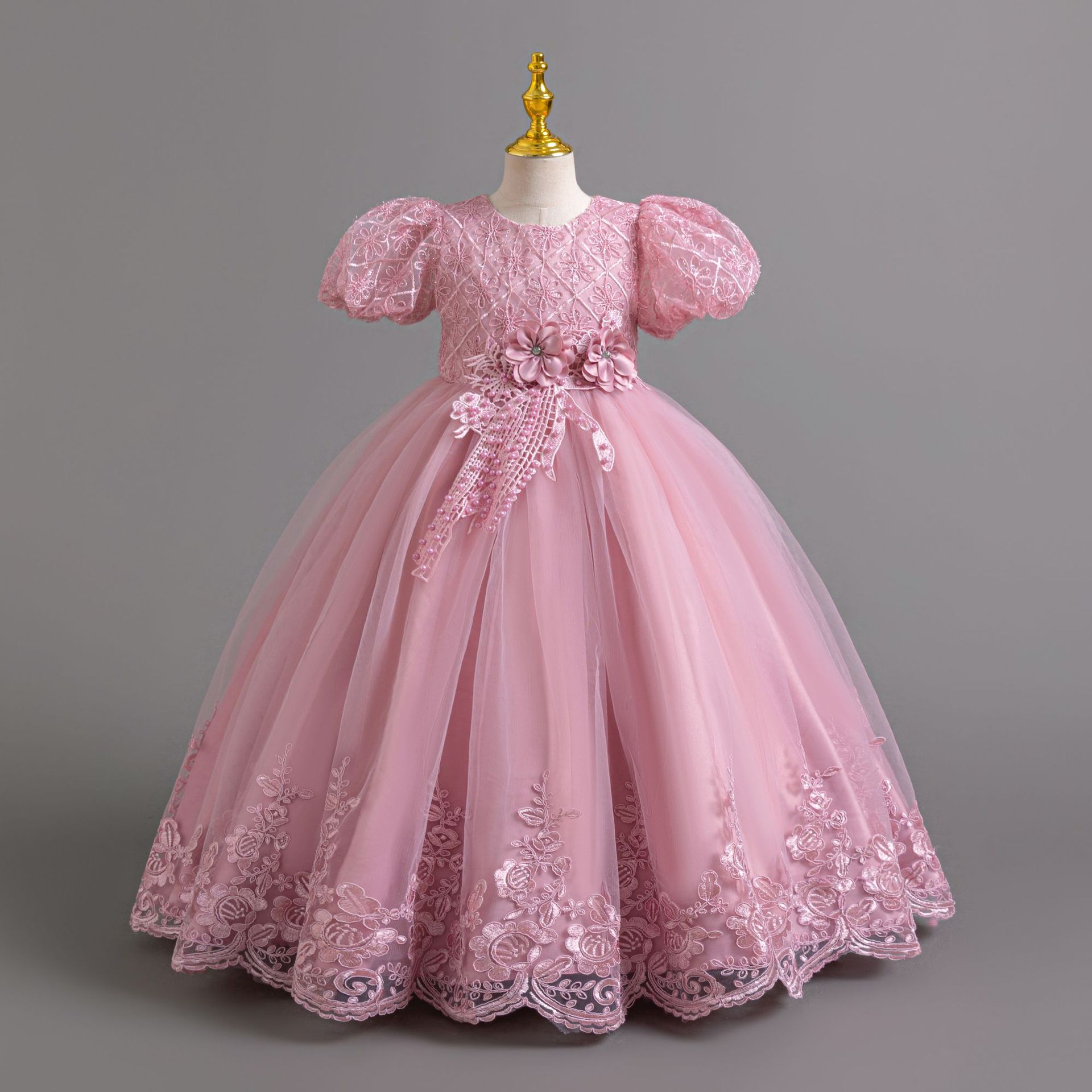 Comercio exterior al por mayor vestido largo vestido infantil burbuja manga encaje vestido de princesa vestido de niña vestido de fiesta vestido de niña