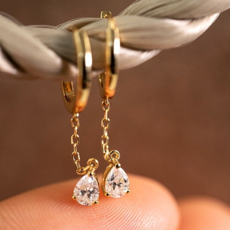 S925 Sterling Silver Plated 18K Gold Water Drop Zircon Earrings Ear Buckle Ear Line Exquisite All-match Light Luxury Earrings Jewelry Women