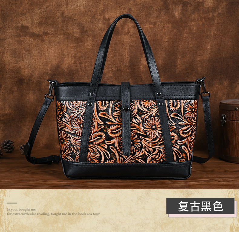 Túi tote da bò nữ chạm khắc thủ công phong cách cổ điển, đeo chéo dung tích lớn — Màu nâu cổ điển, Màu đen cổ điển, Cà phê cổ điển chi tiết 12