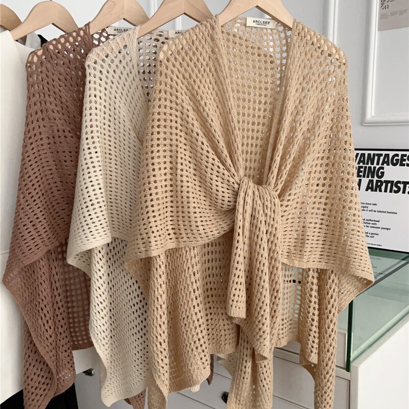 Summer 2025 New Ice Silk Hollow Sunscreen Shawl for Women, Versatile, Stylish, Loose, Knitted Cardigan for Air-Conditioned Rooms