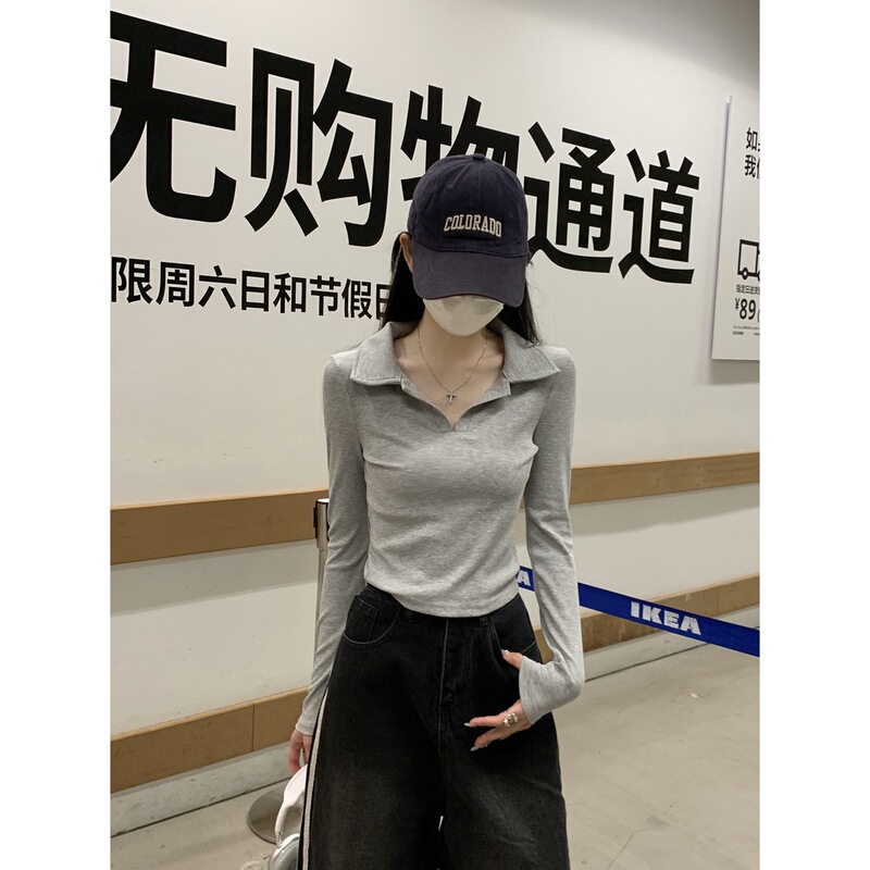 2025秋季新款韩版polo领短款内搭针织衫打底毛衣女设计感修身上衣|undefined