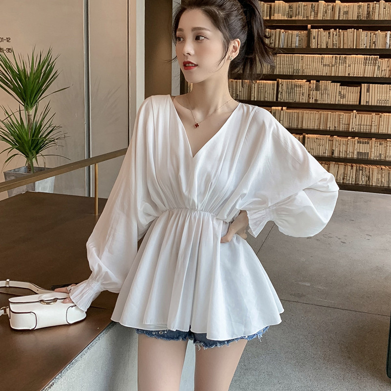 外贸款 V领长袖衬衫女2025春装新款收腰显瘦灯笼袖网红上衣衬衣潮