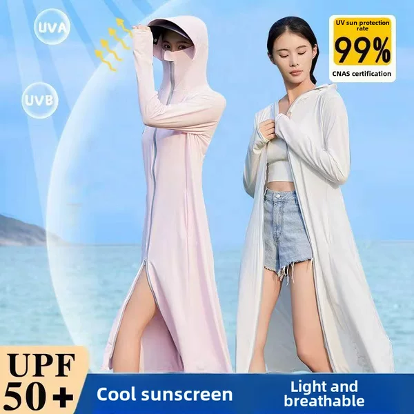 New Summer Long Over-the-Knee Sun Protection Clothing Detachable Lens conjoined Ice Silk Jacket Loose Outdoor Skin Clothing