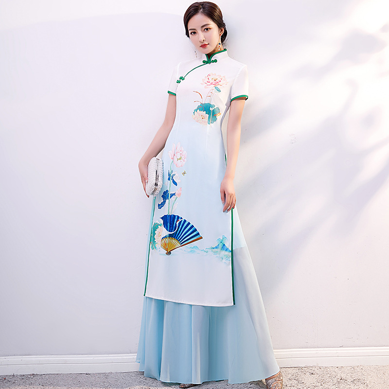 Blue pink floral aodai qipao dresses for women girls chinese oriental cheongsam modified young Chinese wind long show  gown for women