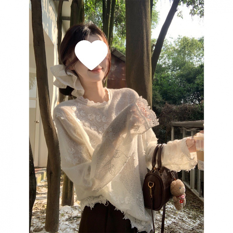 法式蕾丝钩花长袖针织衫女装秋季宽松套头毛衣设计感薄款白色上衣|undefined