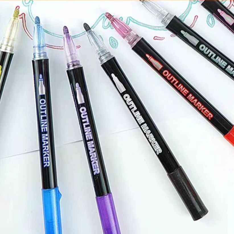 Doble línea de contorno pluma fantasía metal 12 color DIY mano cuenta multicolor Navidad resaltador tarjeta de felicitación pluma de contorno al por mayor