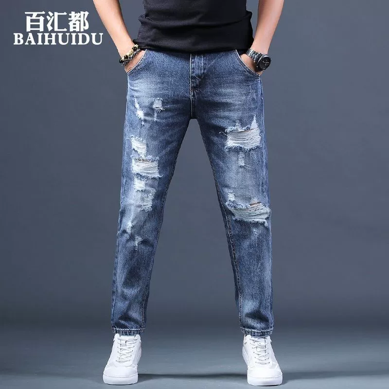 Рваные джинсы мужские в японском стиле, свободные синие укороченные брюки, корейская версия, шаровары, потертые брюки, универсальные длинные брюки, модный бренд