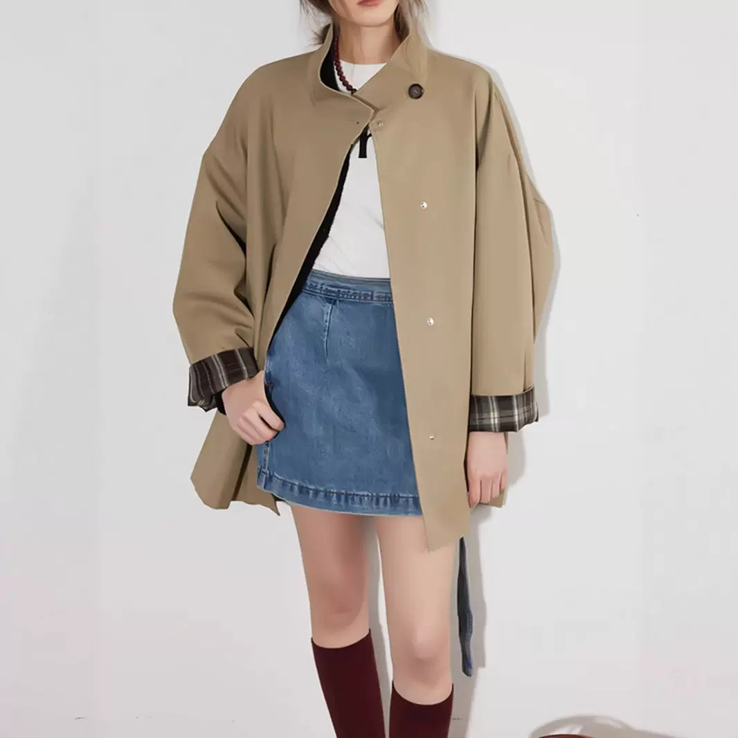 格子风衣女中长款2025秋新款小个子外套修身卡其色休闲中长款风衣
