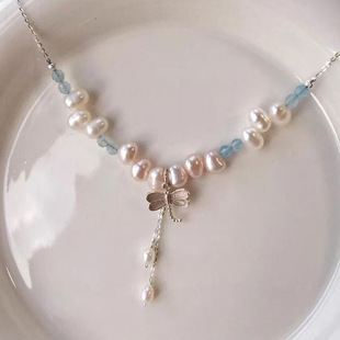 Korean-Style Fresh Baroque Pearl Collarbone Chain with Small Dragonfly Pendant, Fashionable and Versatile Simple Beaded Chain
