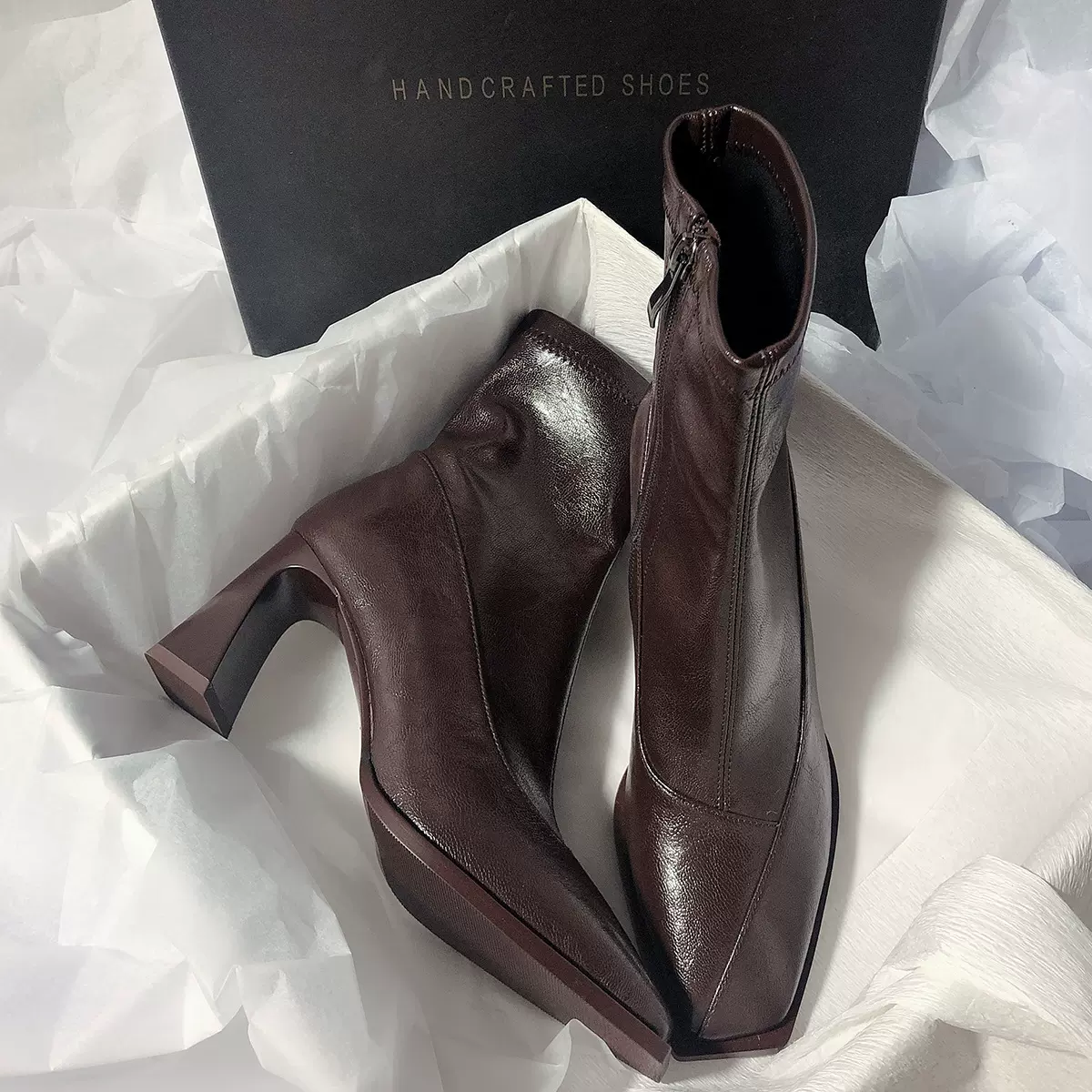 高跟弹力真皮瘦瘦靴方头侧拉链新款小众粗跟气质短靴女