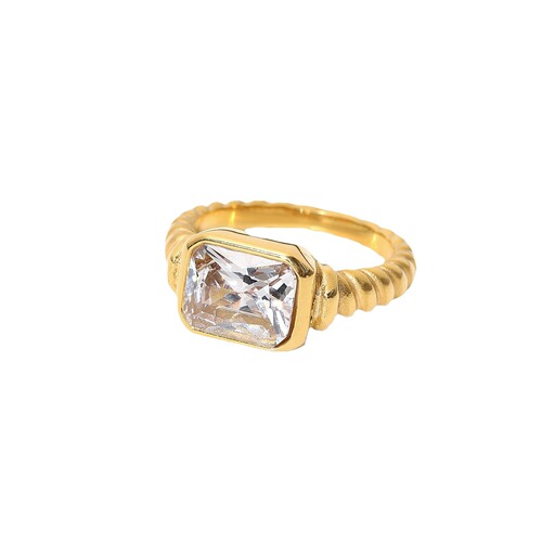 European and American Stainless Steel Rectangular Emerald Pink Zircon Ring Women's Croissant Twisted Spiral Ring Jewelry