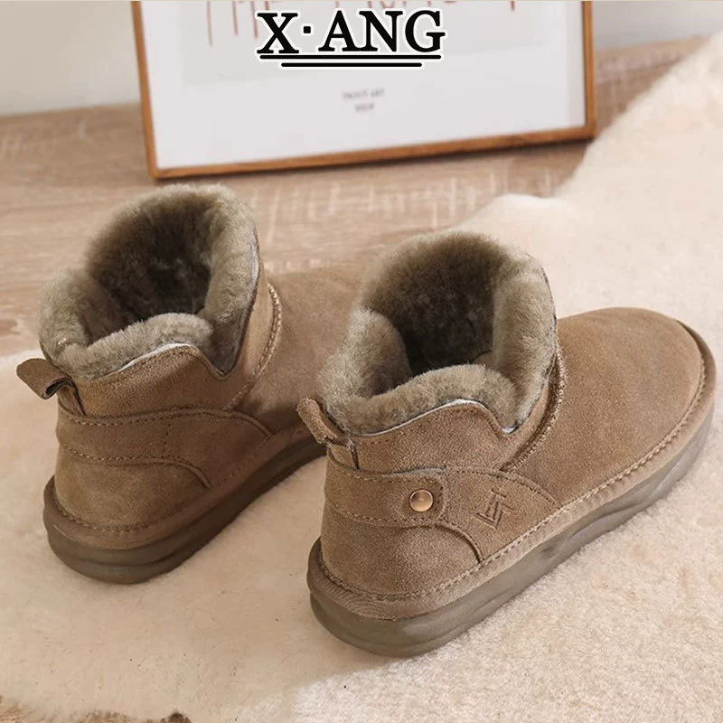 Зимние новые кожаные меховые в одном снегоступах женские толстые подошвы нескользящие и бархатные толстые теплые северо-восточные хлопчатобумажные ботинки короткие сапоги