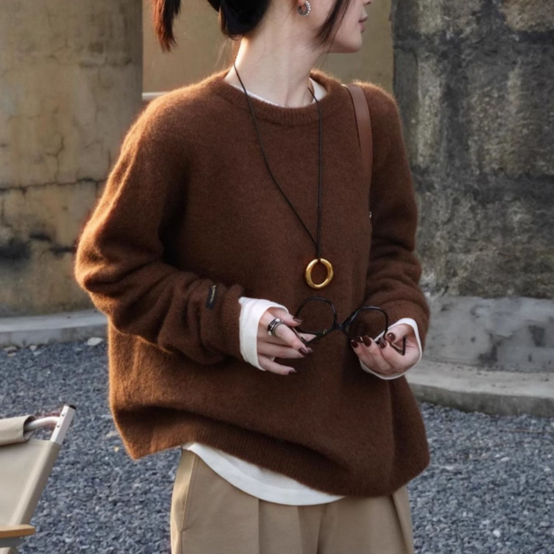 复古美拉德系棕色软糯宽松套头打底毛衣女2025秋冬新款慵懒针织衫|undefined