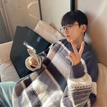 港风条纹圆领毛衣男秋冬季新款潮流慵懒风针织衫青少年宽松毛线衣