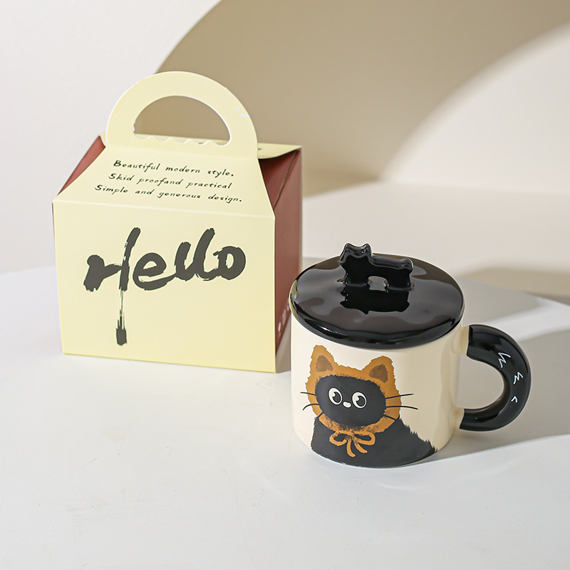 Cute gato gato taza de oficina taza de cerámica con taza de agua cubierta regalo pareja acompañante caja de regalo creativa de cumpleaños