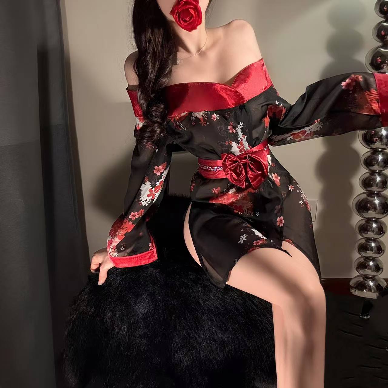 Phantom Print Kimono Lingerie Set with See-Through Robe and Black Thigh-High Stockings — detail image 1