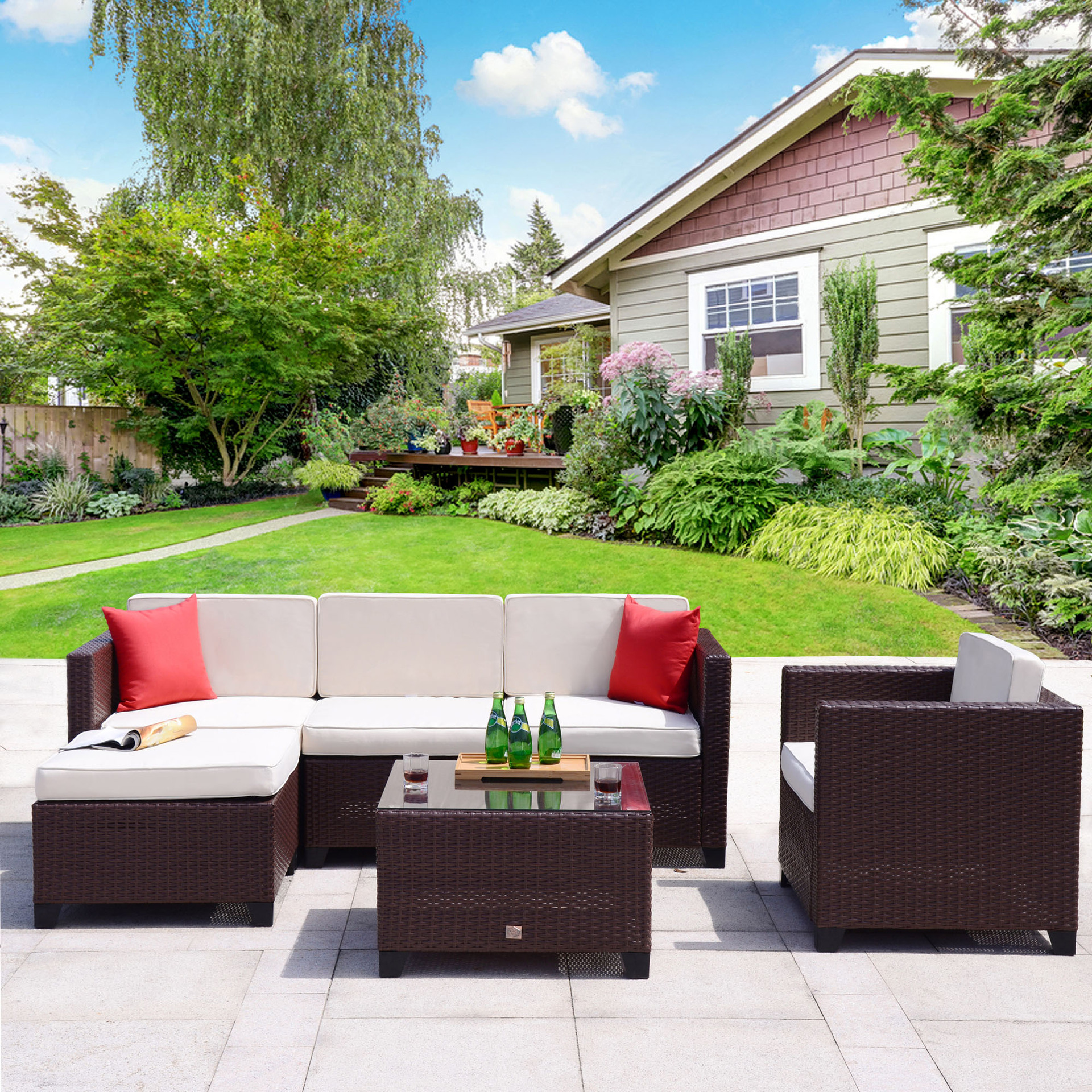 Combinación de sofá de ratán al aire libre esquina en forma de U patio jardín balcón sala de estar del hotel ocio imitación de ratán muebles de exterior