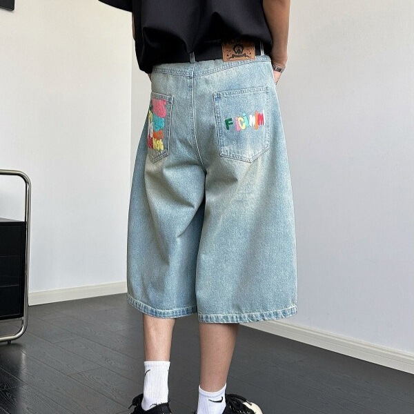 American Vibe Street Style Colorful Letter Print Denim Shorts for Men and Women, Summer Trendy Versatile Casual Loose-Fitting Cropped Pants