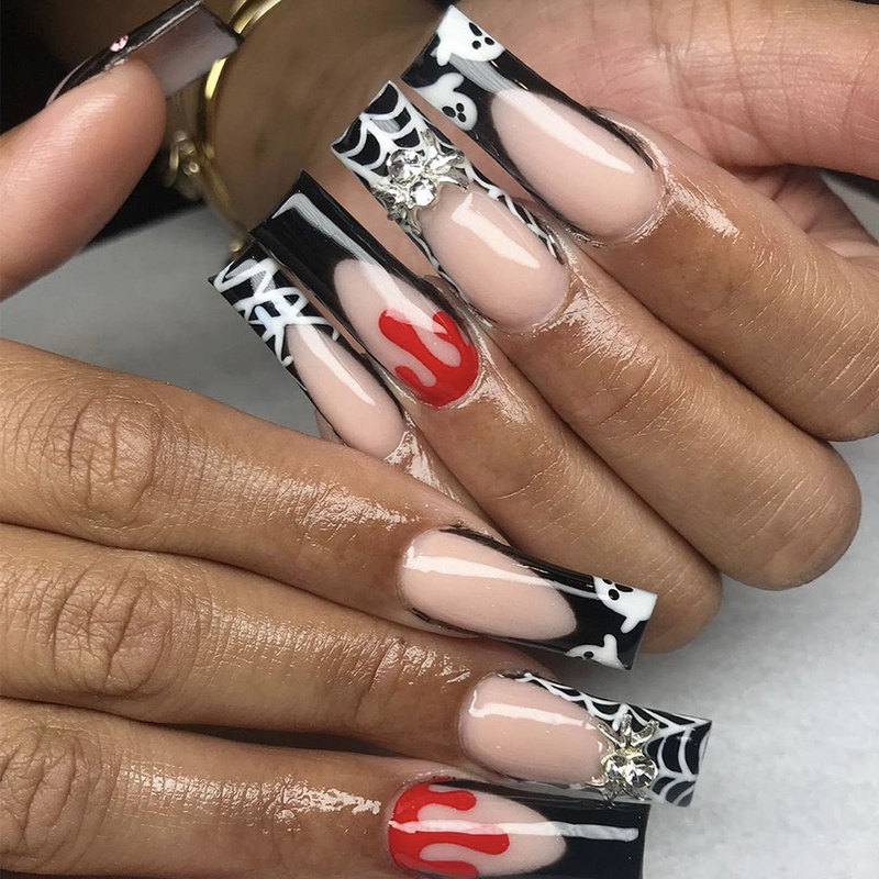 European and American Halloween Wear Armor Long Coffin Black French Spider Web Blood Dropping Ghost Metal Spider Fake Nails European and American Halloween Wear Armor Long Coffin Black French Spider Web Blood Dropping Ghost Metal Spider Fake Nails